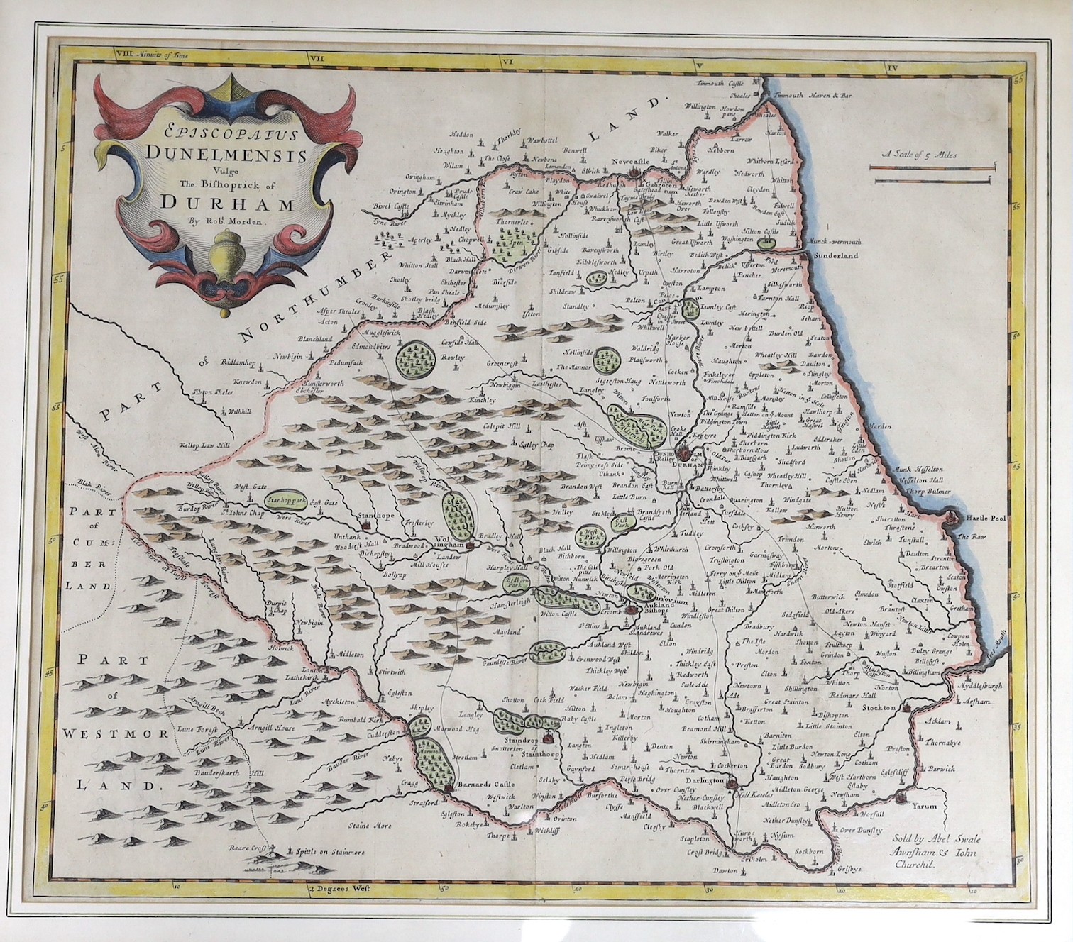 Robert Morden (1650-1703), coloured engraving, Map of Durham, 36 x 42cm